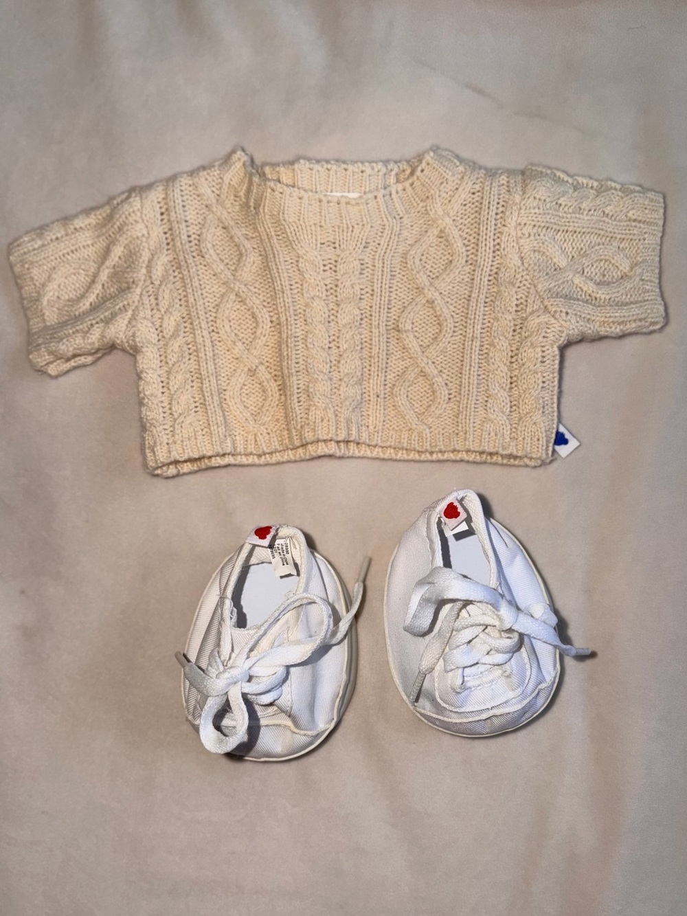 Build-A-Bear Cream Cable Knit Sweater with White Canvas Shoes